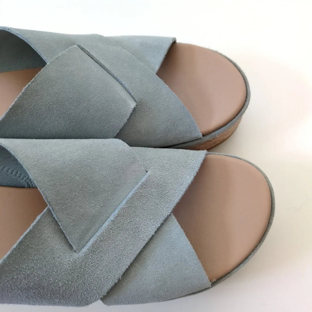 Sorel Cameron‎ Flatform Sandal Women 9.5 Blue Suede Cross Strap Platform NL4631
